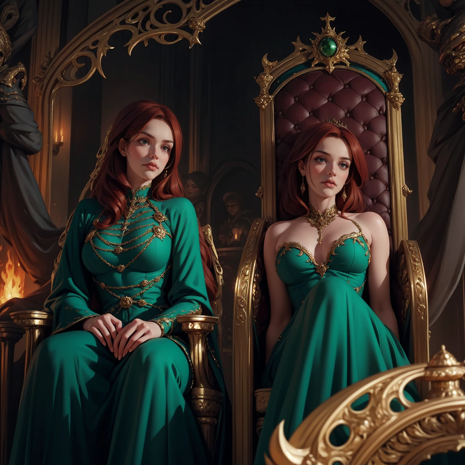 {-erro_de_anatomia:1.0} woman 40 years old, victorian era, queen clothes, (green dress), dark castle, a woman (alicent hightower), meddium dark red hair (dark red hair), (brown eyes) . Indifferent look , merciless. among the dragons, dinamic poses, egoist smile, upper body, sitting in the iron throne