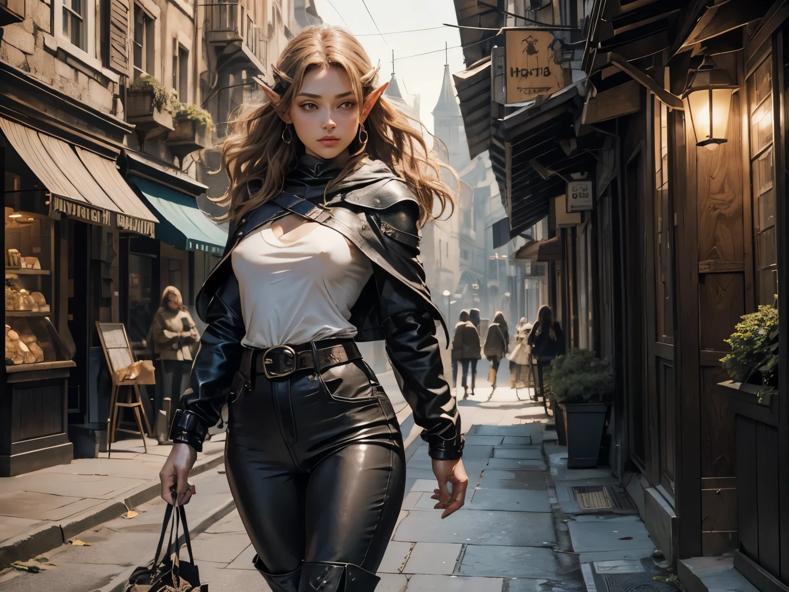 ((Medieval fantasy setting)). Tags: super detail, high details, high quality, best quality, highres, 4K, detailed face, face fix, detailed hands, detailed fingers, portret, 1girl "Echo is a 22-year-old half-elf. She has light brown skin. Thick light chestnut hair with caramel highlights and soft waves. Brown eyes with green hues. Her beautiful face is oval with soft features and pronounced cheekbones. She has full and attractive lips with a natural blush. A slight scar over her right eyebrow. Her ears are small like a human's but pointed like an elf's. Her physique is athletic and slim, she toned and flexible. She has a round and elastic body shapes."
Clothing. Jacket: Dark gray leather thigh-length jacket with a hood that hides the face. The jacket fits the body, but allows you to move freely. It has several internal and external pockets for storing weapons such as throwing knives or poisons. There are additional reinforcements on the shoulders and elbows that provide minimal protection.
Pants: Dark brown leather pants that fit the legs and provide freedom of movement. The pants have small hidden compartments for storing weapons or other items. They look like ordinary urban clothes without attracting too much attention.
Belt: Wide belt with hidden compartments for knives or other small items. The belt has several buckles that help to attach additional items such as handbags or amulets.
Boots: Lightweight leather boots in dark grey, with soft soles for silent movement on city streets.
Background: Autumn medieval city. deserted streets of the royal court.
Tags: ((Hard Nipples Through Shirt)), ((Cameltoe)), (Nipple Outline), (covered nipples), (covered pussy), ((Ass Outline)), (Butt Crack)