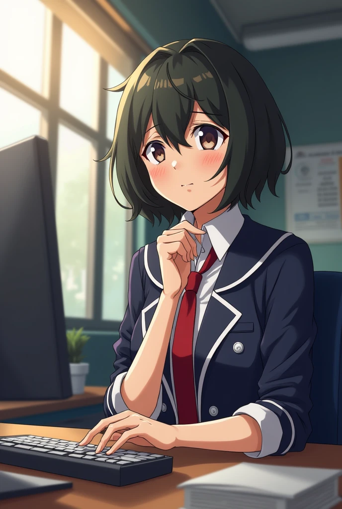 Twice from boku no hero academia using a computer in an office
