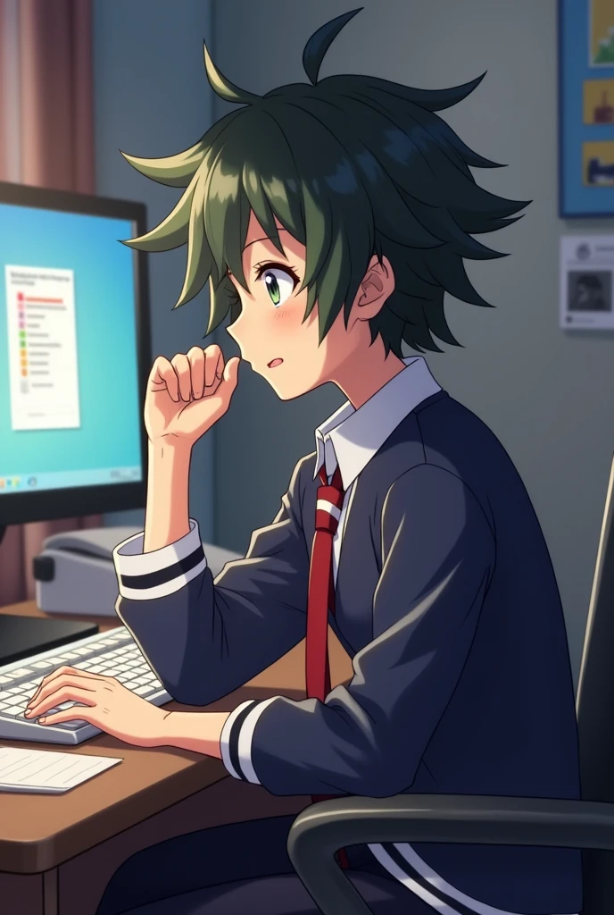 Twice from boku no hero academia using a computer in an office