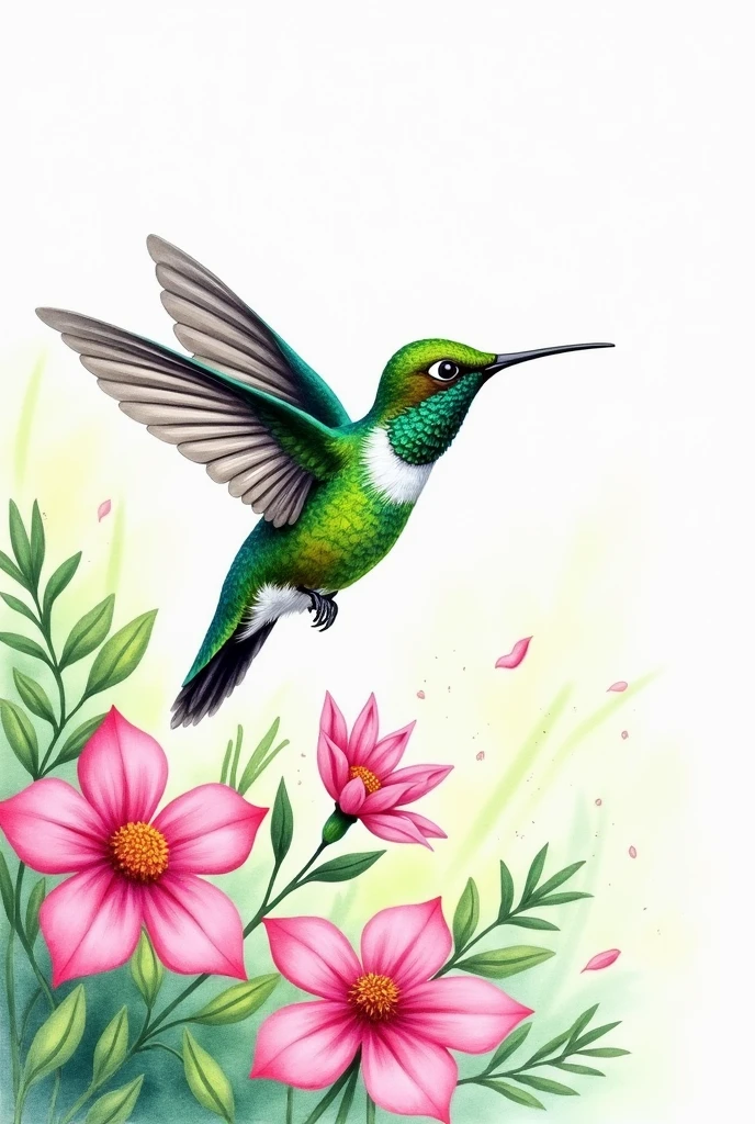 Vibrant and detailed depiction of a hummingbird in flight, surrounded by pink flowers and green foliage, in a watercolor style with visible brush strokes to add texture and depth.