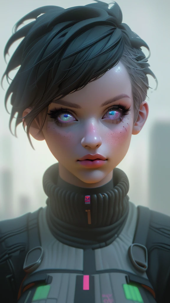 A young punk girl, short hair, winter clothes, beautiful detailed eyes, beautiful detailed lips, extremely detailed eyes and face, long eyelashes, punk outfit, cyberpunk style, neon city background, moody lighting, cinematic, vibrant colors, masterpiece, (best quality,4k,8k,highres,masterpiece:1.2),ultra-detailed,(realistic,photorealistic,photo-realistic:1.37)