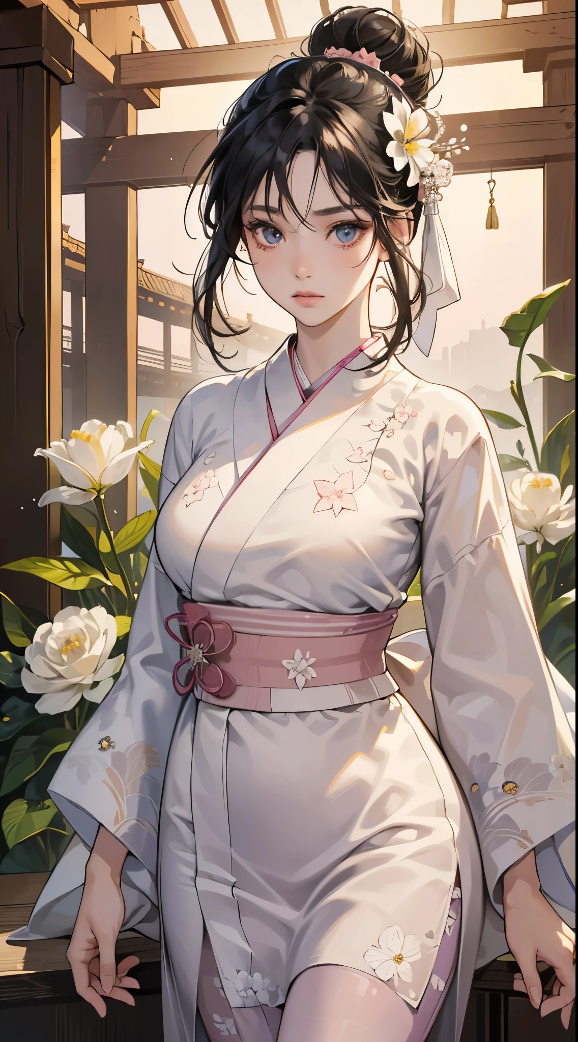 (perfect anatomy:1.2)(absurdres, highres, ultra detailed),masterpiece,best quality,high resolution,8k,Realistic face,Realistic skin texture,magnified textures, stunning clarity,(ultra detailed eyes and face),(1 girl:1.5),15 years old,black hair,messy bun,pale skin, mysterious eyes,(White flower-patterned yukata:1.2)(thin fabrik),(light pink obi:1.2),thin body type,big breasts,(expressionless:1.2),Steampunk in the meiji Period、night、Lobby of Japanese Ryokan、hieroglyph,Ancient Egyptian statues,look at viewer,(from front:1.3),Delicate atmosphere、,cowboy shot,