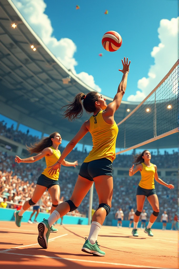 Women&#39;s volleyball team, playing at Maracanãzinho with a basketball