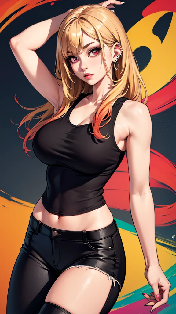 ((best quality)), ((artwork)), (detailed: 1.4), Beautiful woman, Asian, short black sleeveless t-shirt, black pants, blonde hair, long hair, multicolored hair, red eyes, jewelry, earrings, piercing, paint, (Alone), Realistic, ((artwork)), (best quality), (detailed), (1 girl), Big Breasts, sexy, Thick, below breasts