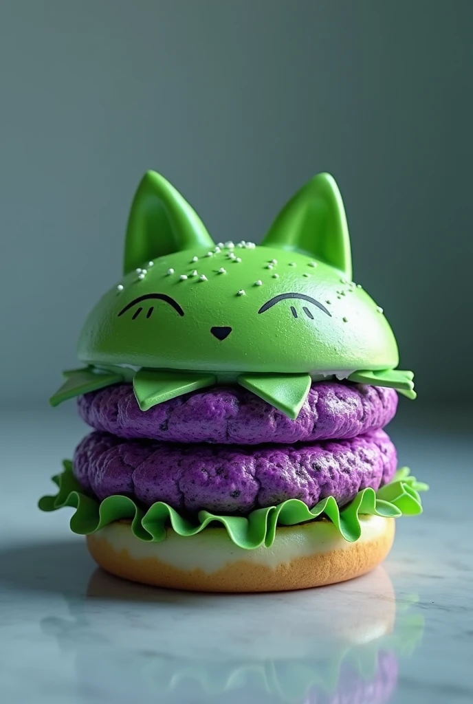 Realistic green and purple burger on a bun with some details and a fox theme
