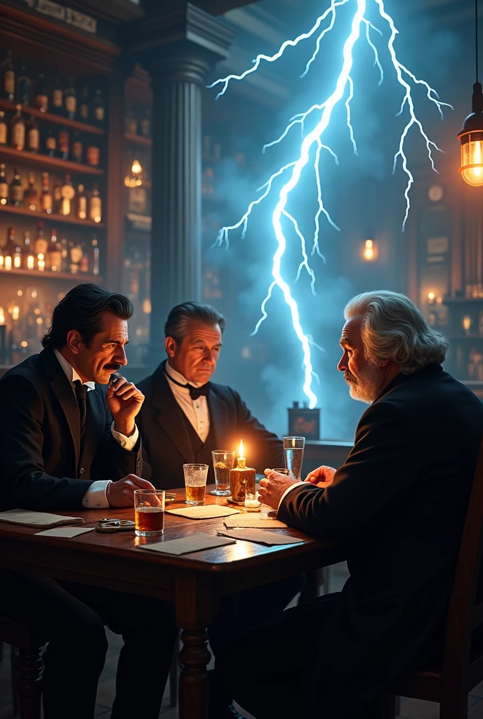 nikola tesla , Michael Faraday and Benjamin Franklin Drinking in a bar and talking about science,the roof of the bar passes a bolt of thunder 