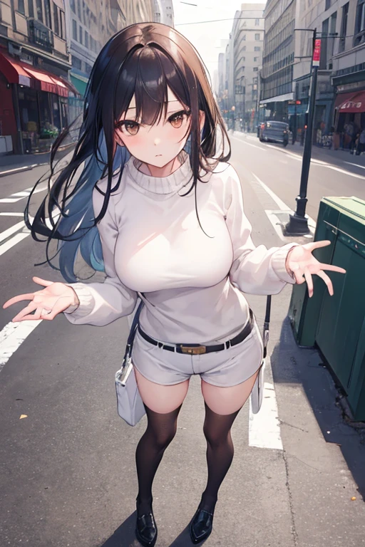 8k, masterpiece, best quality, beautiful, dedicated, genderbend, 1girl, solo, kiyotaka ayanokoji, long hair, cute eyes, brown eyes, large breasts, white sweater, short hotpants, stockings, blushing, emotionless, front view, pov, cowboy shot, looking at viewer, full body, normal standing pose, on the street, morning, nice hands, perfect hands