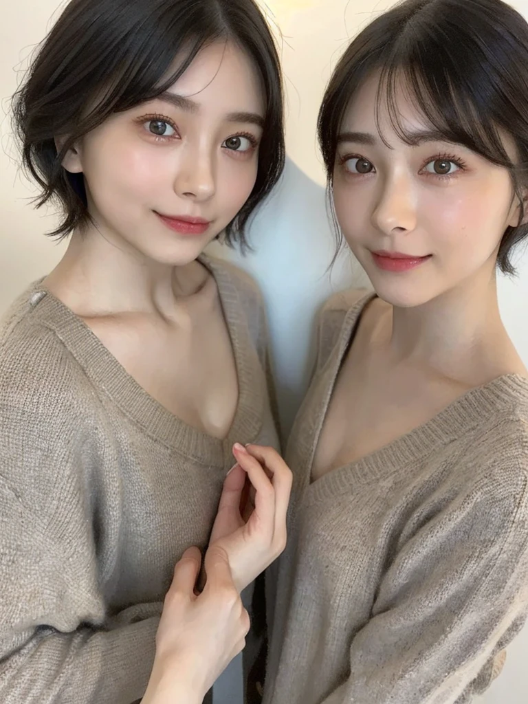 (masterpiece:1.3), (8k, Photoreal, Raw photo, best image quality: 1.4), Japanese high school girl、(random hairstyle:1.2)、cleavage:1.5、super detail face、eye for details、double eyelid、chest to chest、sharp focus:1.2、Beautiful woman:1.4、light brown hair、highest quality、masterpiece、超A high resolution、(Photoreal:1.4)、Highly detailed and professionally lit smiles、loose and light knitwear、shoulder out、thin、serious expression、short haired、deadly position
similar identical twins
All the girls have the exact same face, The two have the same face and figure, as if they were mirror images.