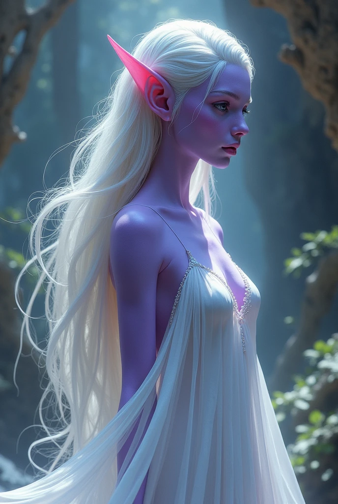 An avatar-like species, with purple skin, albino blonde hair and elf ears and a white dress.