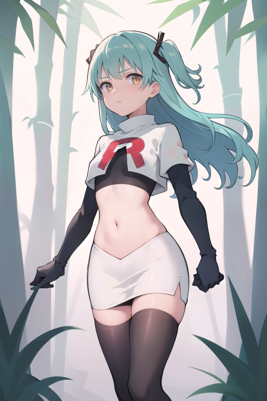 best quality, (masterpiece:1.2), illustration, absurdres,
(1girl, solo), (beautiful detailed girl),
Tio Plato, yellow eyes, aqua hair, long hair, two side up, small breasts,
fake animal ears,
team rocket,team rocket uniform,white skirt,red letter R,crop top,black thigh-highs,black elbow gloves,
looking at viewer,
in bamboo forest, stream,,
cowboy shot,