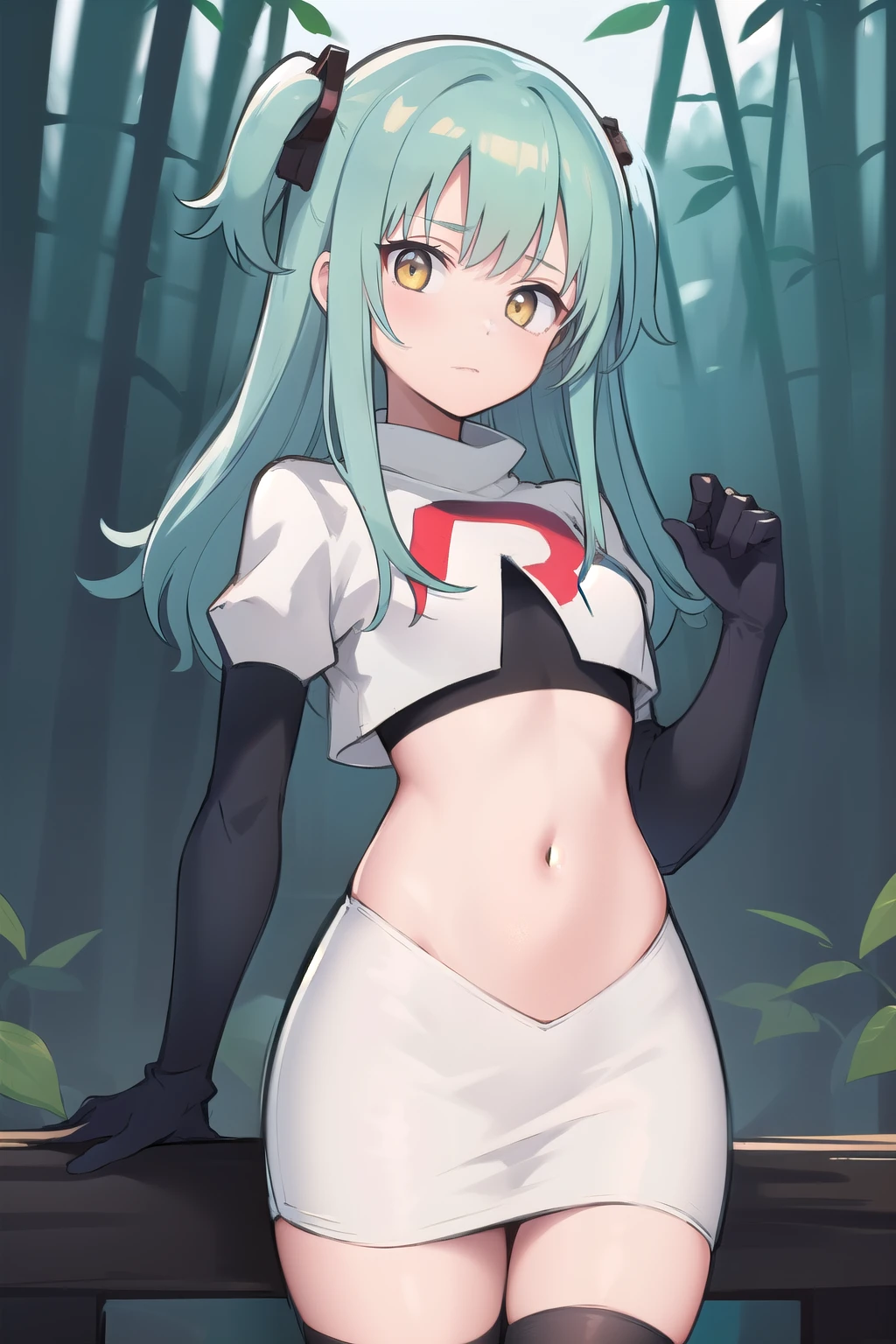 best quality, (masterpiece:1.2), illustration, absurdres,
(1girl, solo), (beautiful detailed girl),
Tio Plato, yellow eyes, aqua hair, long hair, two side up, small breasts,
fake animal ears,
team rocket,team rocket uniform,white skirt,red letter R,crop top,black thigh-highs,black elbow gloves,
looking at viewer,
in bamboo forest, stream,,
cowboy shot,