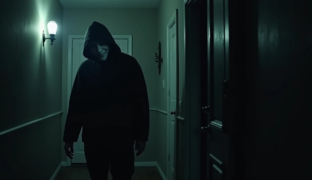 Dark night where a masked person appears sneaking into the house of a rich man, with the murder weapon (knife) in his hand.