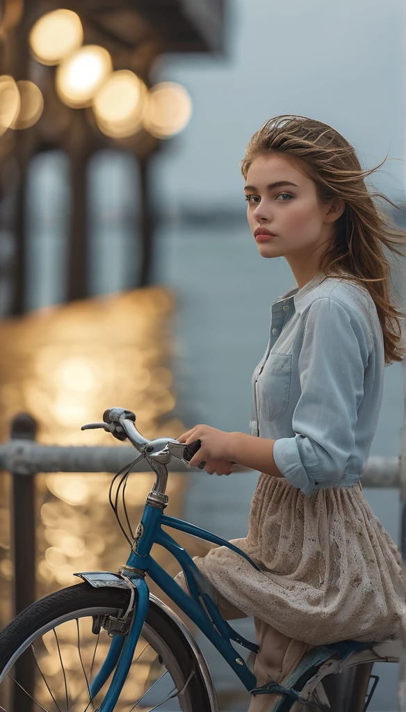 Surrealism:1.5, Bokeh, young woman aesthetic, bicycle riding, pier, High-quality DSLR snapshots, High-definition film grain photo taken at f/16, ISO 100, With 200mm lens, Global Illumination, Fibonacci