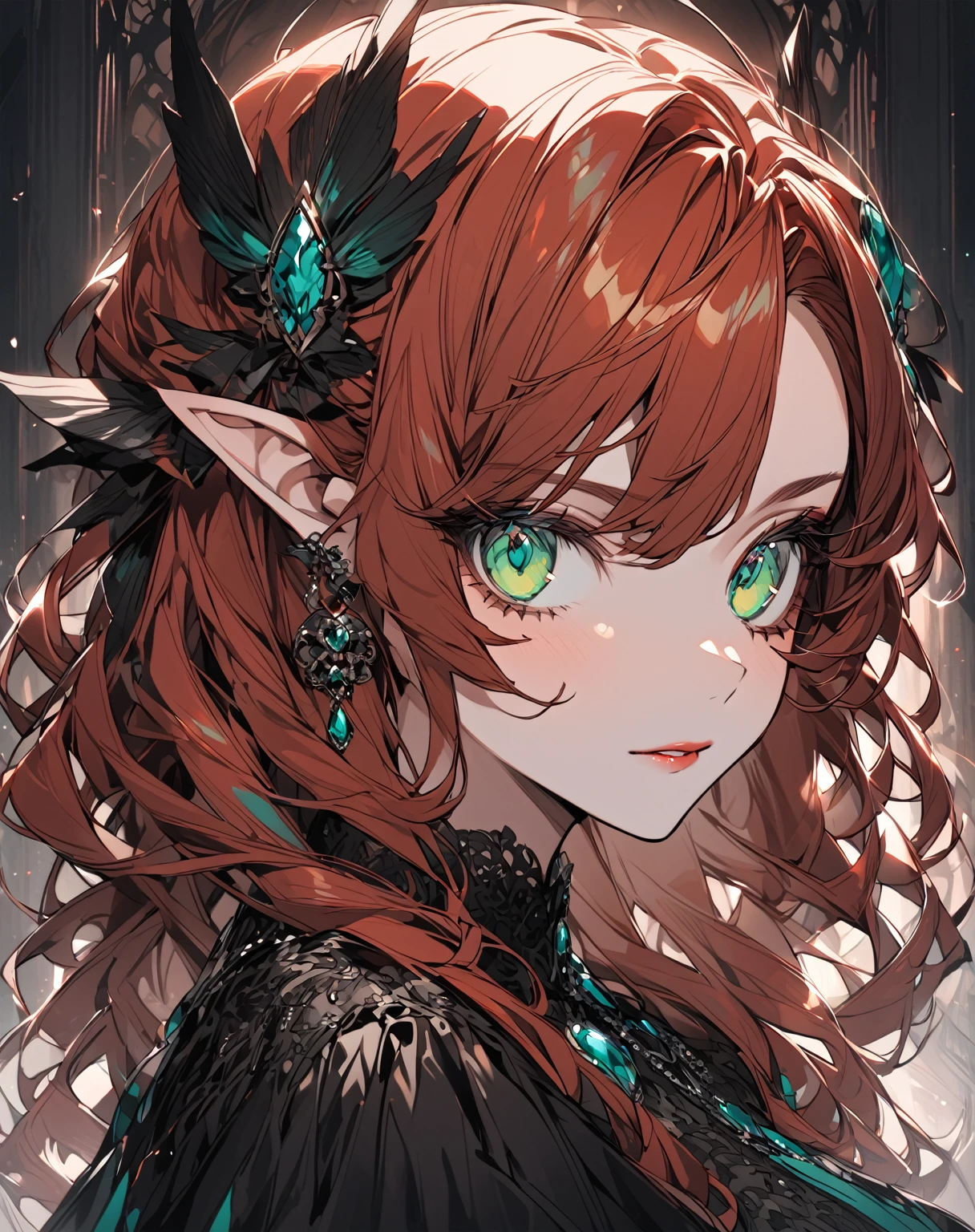 A portrait of the most beautiful auburn haired woman with shiny aquamarine-green eyes and small pointed ears wearing a luxurious gothic dress