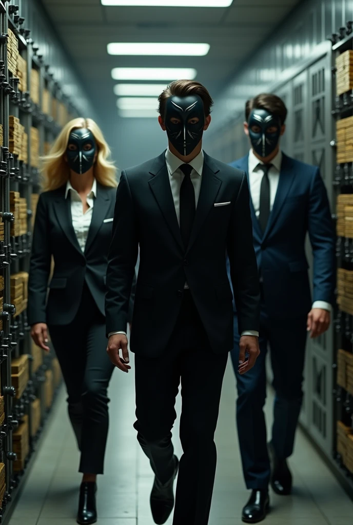 a blonde woman, A black-haired woman and a handsome man in suits and masks entering, Walking to a bank vault where there was a lot of money