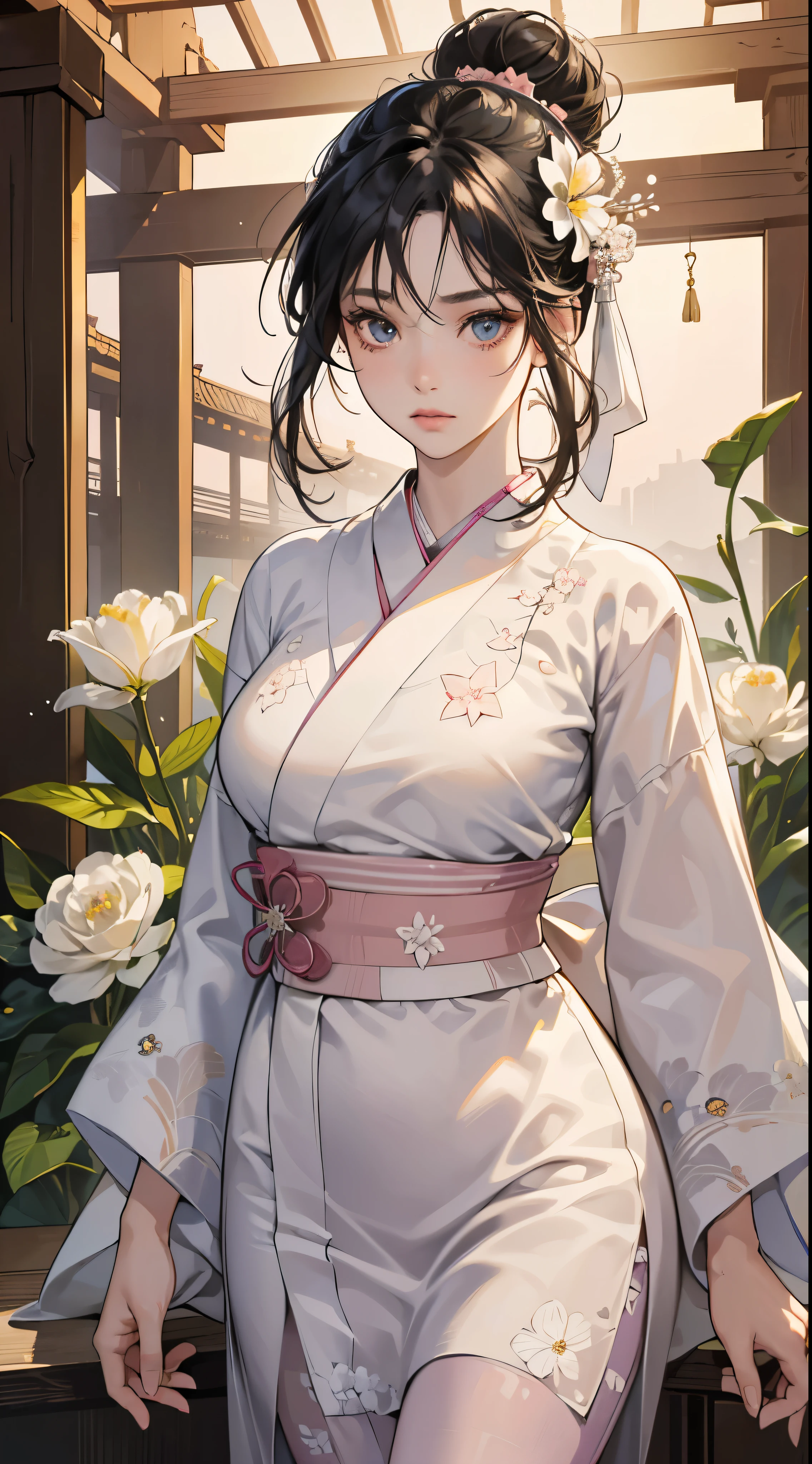 (perfect anatomy:1.2)(absurdres, highres, ultra detailed),masterpiece,best quality,high resolution,8k,Realistic face,Realistic skin texture,magnified textures, stunning clarity,(ultra detailed eyes and face),(1 girl:1.5),,black hair,messy bun,pale skin, mysterious eyes,(White flower-patterned yukata:1.2)(thin fabrik),(light pink obi:1.2),thin body type,big breasts,(expressionless:1.2),Steampunk in the meiji Period、night、Lobby of Japanese Ryokan、hieroglyph,Ancient Egyptian statues,look at viewer,(from front:1.3),Delicate atmosphere、,cowboy shot,