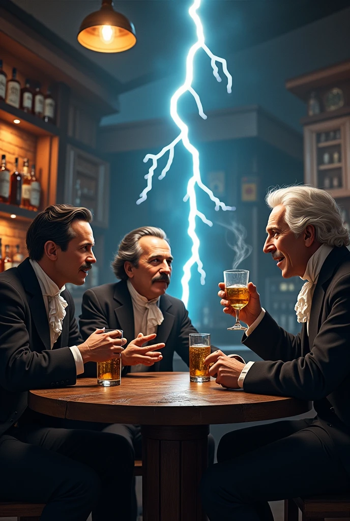 nikola tesla , Michael Faraday and Benjamin Franklin Drinking in a bar and talking about science,the roof of the bar passes a bolt of thunder 