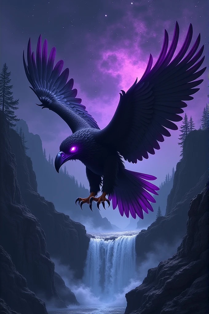 Imagine a majestic and fierce eagle with predominantly black feathers. Purple can be used for details like the tips of feathers., the beak and claws. Flying on a dark night over a beautiful waterfall and your bright purple eyes lighting up your field of vision