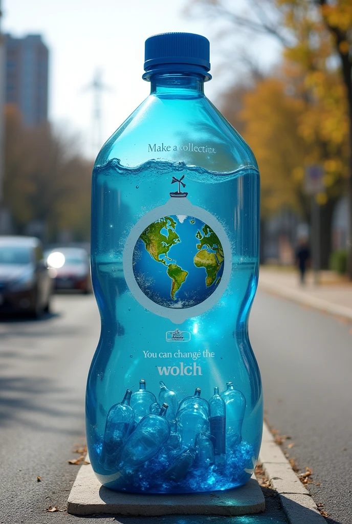 Make a collection point on a street in the shape of a bottle with the phrase in the upper middle: You can change the world, followed by an image of environmental pollution from plastic bottles and below a hope followed by a small rectangular windmill that tells the time and below a transparent space where the bottles can be seen