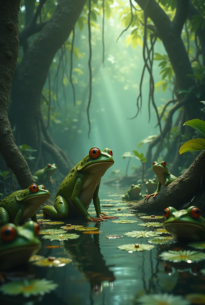 a swamp full of frogs laughing loudly, of a very sad, crawling frog
