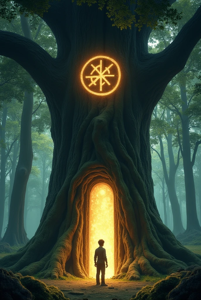 A large majestic tree in the heart of the forest. Its trunk is thick and marked by time., with an ancient symbol engraved in the center. The symbol glows with a soft golden light. Aline stands in front of the tree, his hand touching the symbol, as a secret door begins to open in the trunk.
