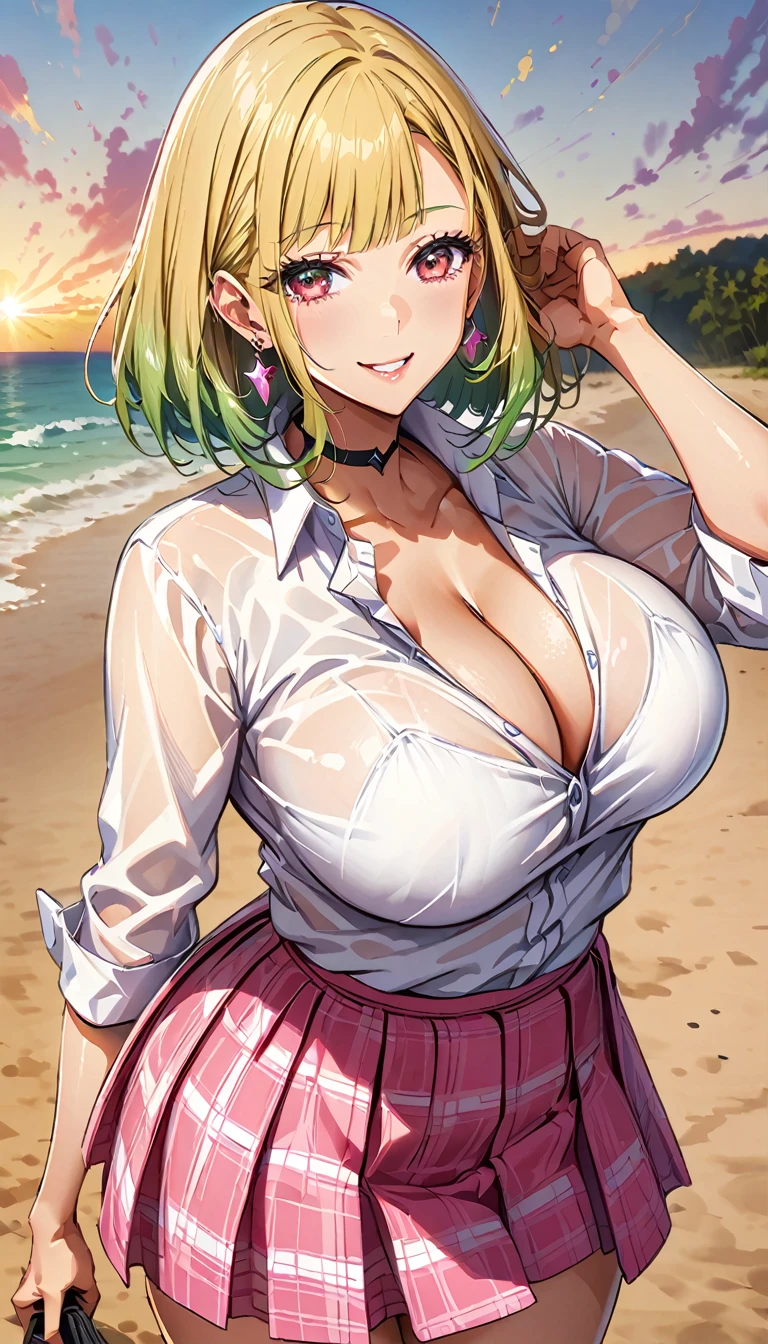 (Highest quality:1.2, Anime artwork, Very detailed, Attention to detail, digital coloring, High Contrast, masterpiece:1.2, Highest quality, Best aesthetics), (((kitagawa marin, 1 girl))), ((Emerald green hair、Pink mesh, Medium short hair catalogue, Clean gradient hair, Red eyes、Magenta Eyes)), Earrings, White shirt, Black choker, Check skirt,, smile, Are standing, Cowboy Shot, Sunset on the beach、Detailed Background,Big Breasts:1.2、Cleavage、See through 、Lightweight shirt、(Pink underwear、Underwear is visible)、Perfect hands、Beautiful fingertips、Mr.々Bose、Gravure idol Bose