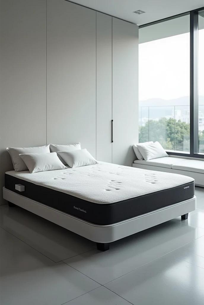 Can you create a prototype of an electric mattress with its materials in 3D with dimensions of 190 cm long, 120 cm wide and 30 cm thick, simpler and with a built-in scanning system in black and white highlighted?