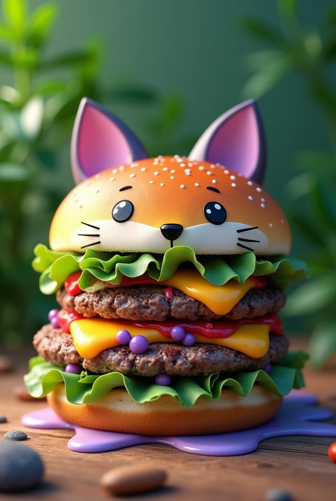 Realistic burger in green and lilac color on the bun And some details and that has the fox theme Add cheese and sauce, leave the meat in a juicy appearance