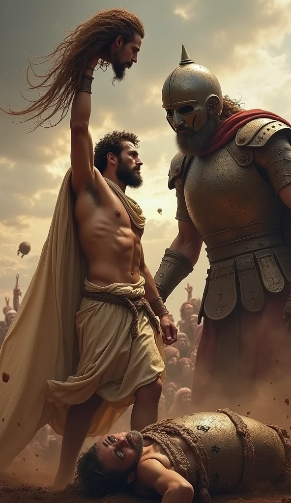 A powerful and intense scene of David standing victorious over Goliath. David, with a determined expression, is shown holding Goliath's severed head by the hair, raising it triumphantly. The background features a dramatic battlefield, with Goliath's large, defeated body lying on the ground. David, dressed in simple shepherd's clothing, contrasts sharply with the massive, intricate armor of Goliath. The scene is filled with dynamic energy, emphasizing David's triumph and the dramatic conclusion of the battle