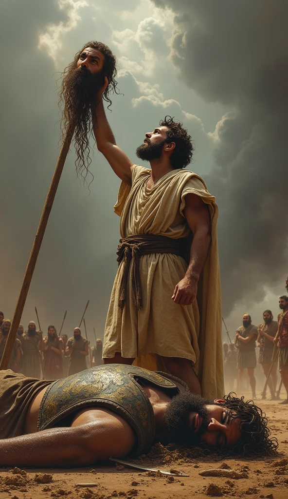 A powerful and intense scene of David standing victorious over Goliath. David, with a determined expression, is shown holding Goliath's severed head by the hair, raising it triumphantly. The background features a dramatic battlefield, with Goliath's large, defeated body lying on the ground. David, dressed in simple shepherd's clothing, contrasts sharply with the massive, intricate armor of Goliath. The scene is filled with dynamic energy, emphasizing David's triumph and the dramatic conclusion of the battle