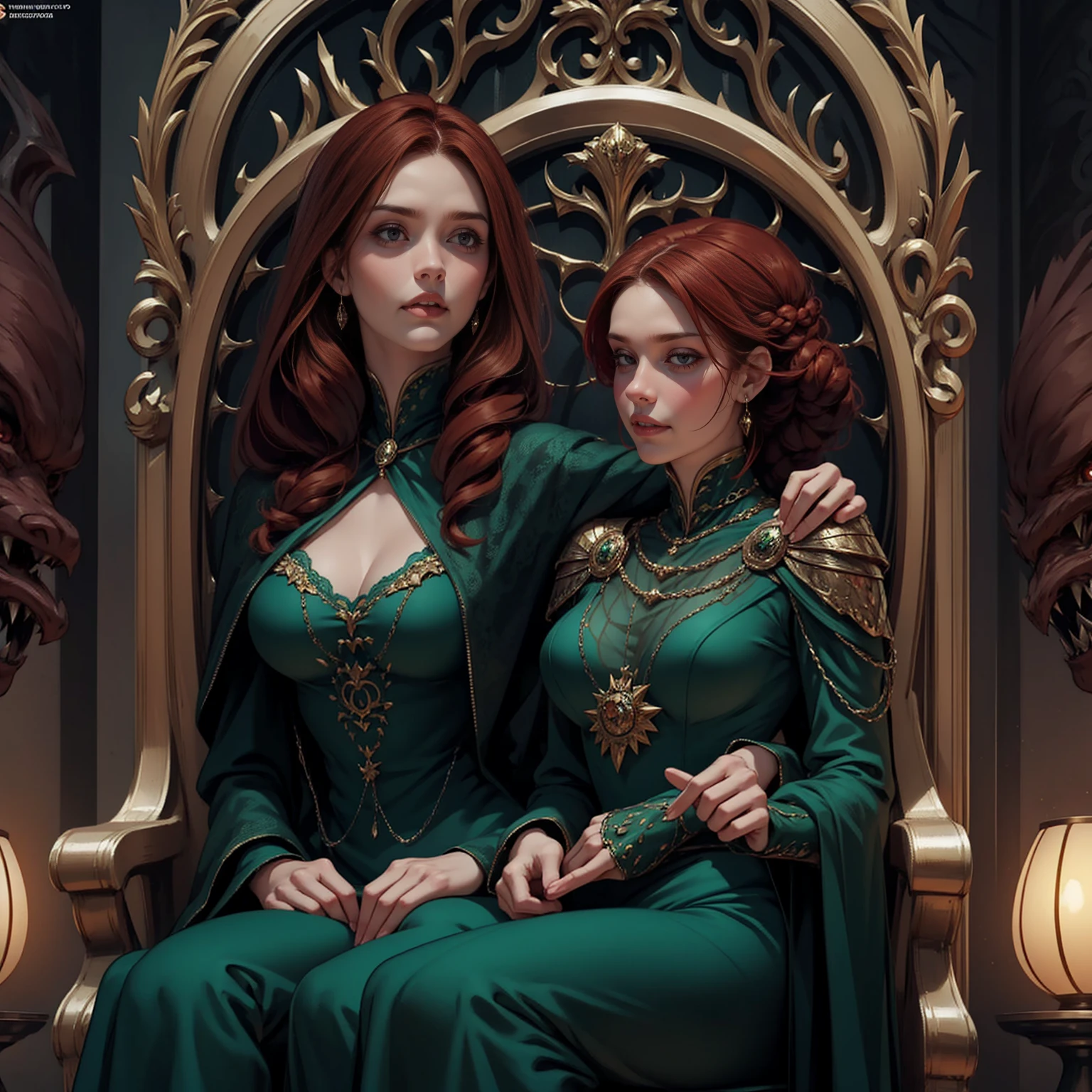 {-erro_de_anatomia:1.0} woman 40 years old, victorian era, queen clothes, (green dress), dark castle, a woman (alicent hightower), meddium dark red hair (dark red hair), (brown eyes) . Indifferent look , merciless. among the dragons, dinamic poses, egoist smile, upper body, sitting in the iron throne