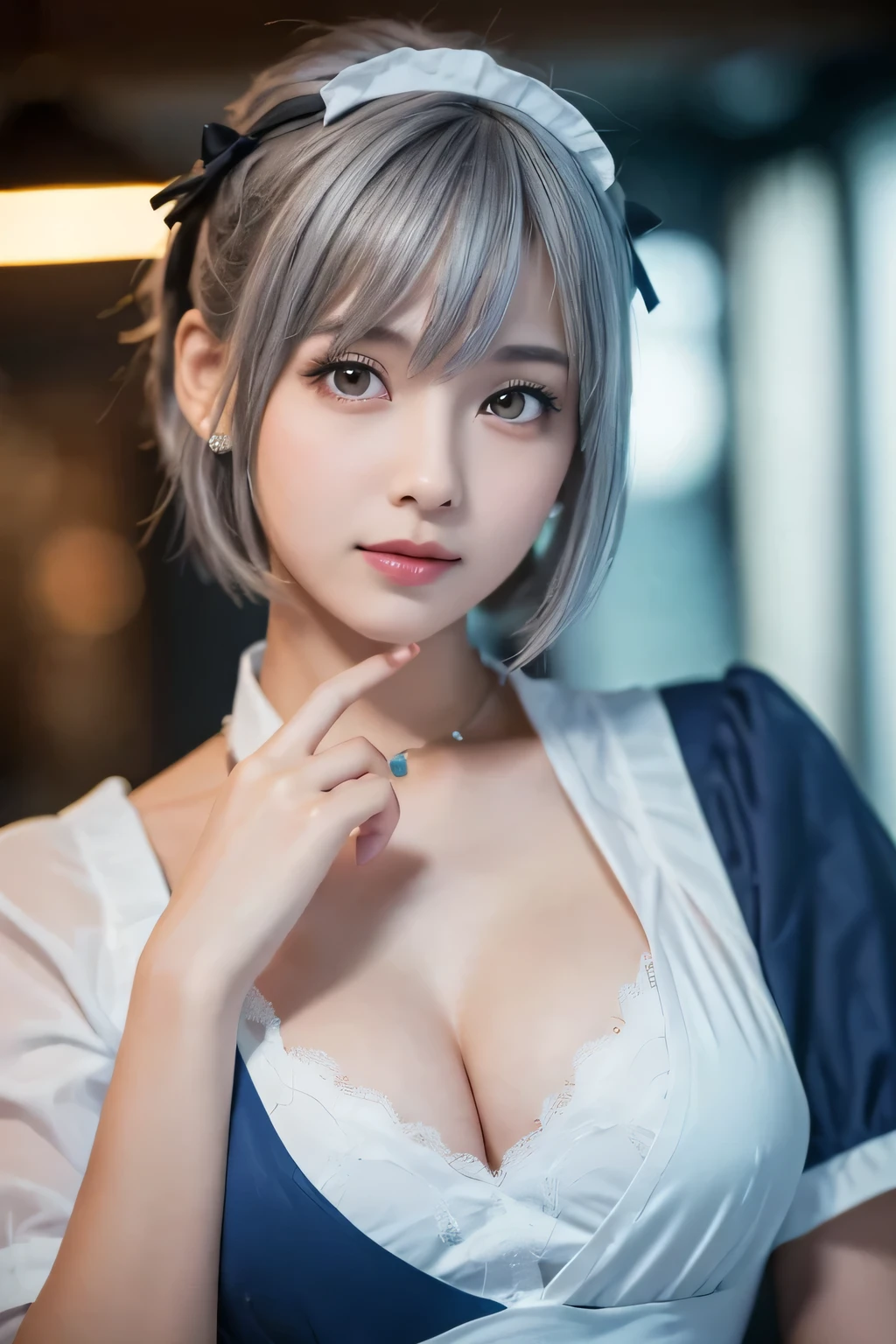 ((16 nights of divorce)), ((Oriental Project)), Cosplay, 20-year-old woman, (((Gray Hair)), ((Medium Spiky Hair)), ((Blue maid outfit)), ((White blouse)), Center of chest, (Light)))), (Pause))), (Photorealistic photography: 1.3), rim Lighting, (Skin with attention to detail:1.2), 8k ウルトラHD, Digital SLR, high quality, High resolution, 4K, 8k, Bokeh, Absurd, The optimal ratio is four fingers to one thumb, (Genuine:1.3), The cutest girl 1, Lots of knives, naked