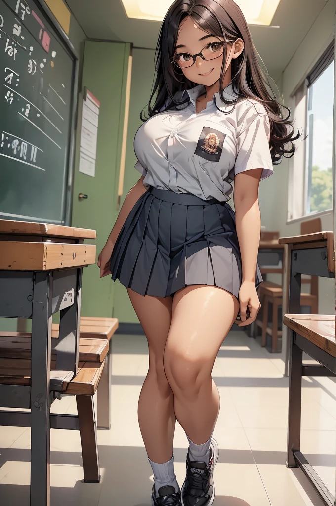 1 woman, 17 years old, black curly hair, plump body, brown eyes, Indonesian high-school uniform, wearing glasses, white shirt, osis logo on shirt pocket, natural big breasts, light-grey pleated skirt, squat pose, full body shot, smiling, in the classroom.