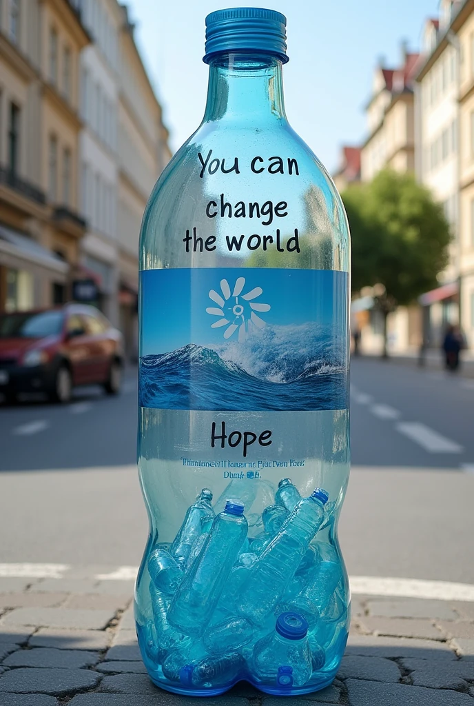 Make a collection point on a street in the shape of a bottle with the phrase in the upper middle: You can change the world, followed by an image of environmental pollution from plastic bottles and below a hope followed by a small rectangular windmill that tells the time and below a transparent space where the bottles can be seen
