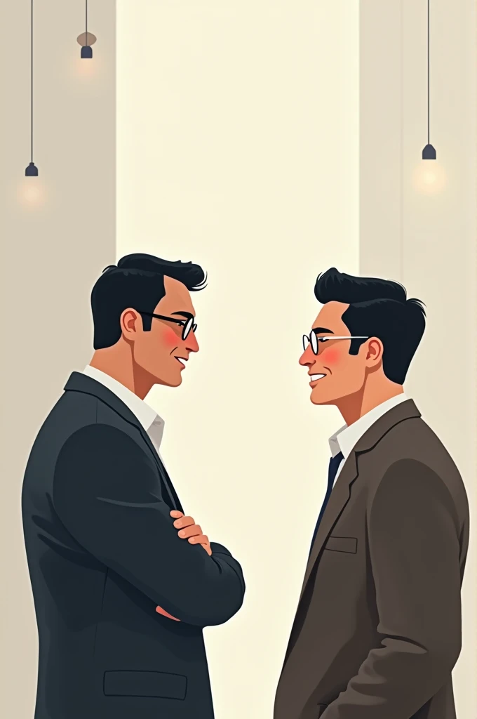 2 men are chatting, 1 with glasses black hair and 1 without glasses black hair. Graphic-like images