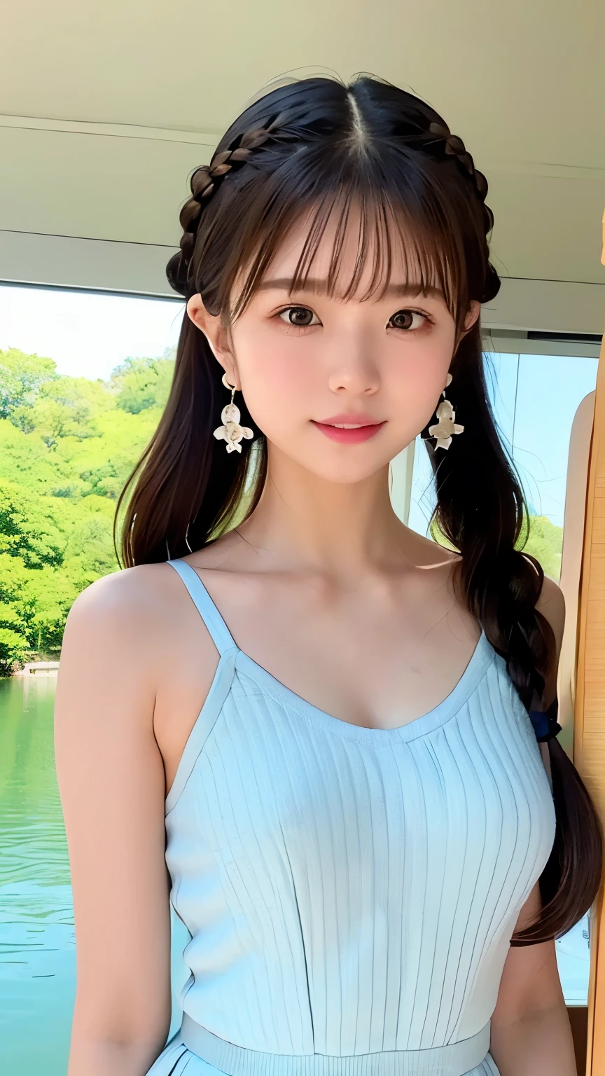 Highest quality、masterpiece、Portrait、Angle above the knee、Cute Japanese Girl, Baby Face、(Brown Hair), ((French Braid)), Perfect Face, An innocent smile, Upper Body,(Grey Eyes), (small), (thin)、((small胸)), ((Only 16))、 Skin Dentition, Extremely detailed, Attractive oval face, Red lips, Red cheeks, Glowing Skin, Fine hair, Face Focus, Gorgeous hair ornament, Gold earrings, Light blue camisole dress、Summer sunshine、Beautiful lake、Blue sky、White or m、((1 girl)), Embarrassed expression,