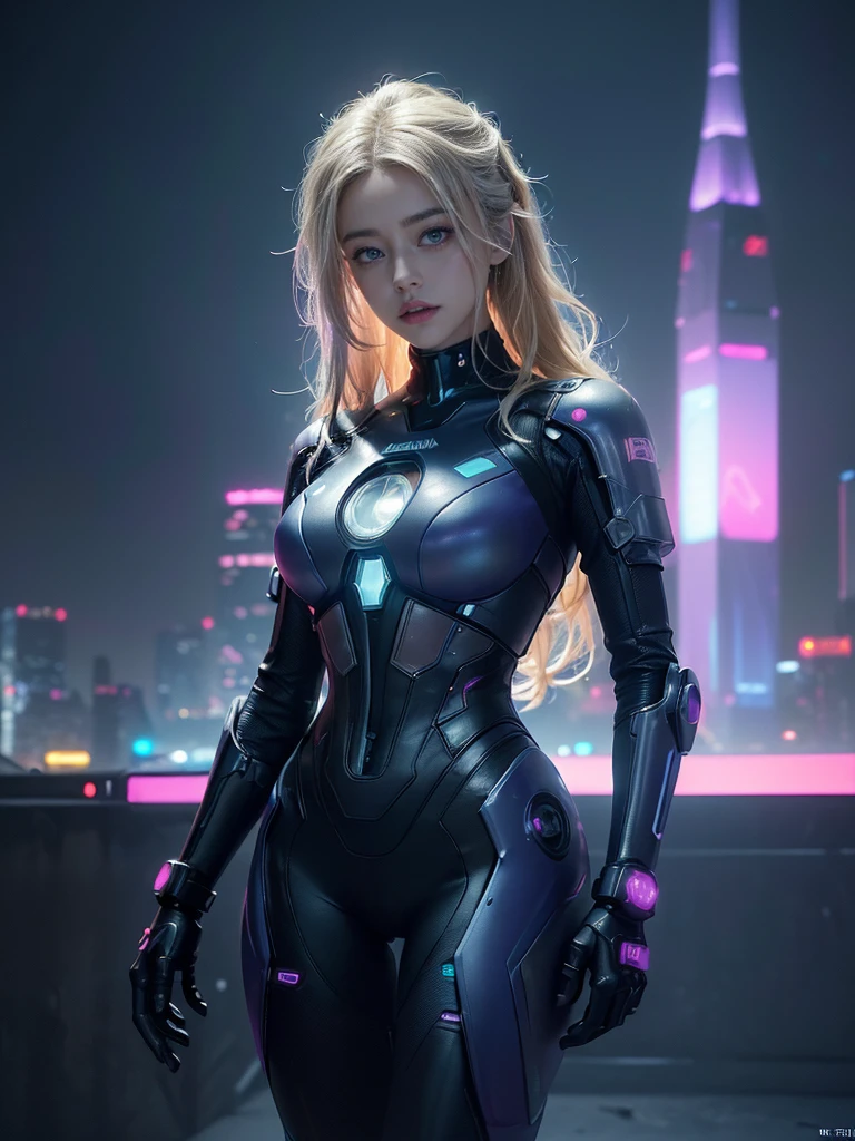 Best image quality, Masterpiece, Ultra-high resolution, (Fidelity:1.4), Photo,  Movie, ((cyber punk personage)),  fairy goth robot, Mila Kunis, blonde wavy hair with blue and purple neon lighting, cyber outfit, Futuristic, ((Award-winning ultra-realistic photos))，(Hyper-detailing），(Complicated details），(High resolution CGI artwork 8k), a AMBER HEARD in Cyberpunk city,Futuristic style,There are many colors and LED light,depth of field,create depth with atmospheric lighting,wide wide shot,use atmospheric and volumetric lighting to enhance cityscape detail,illuminated by neon lights, Pastel textured colored background, Colourful, vibrant