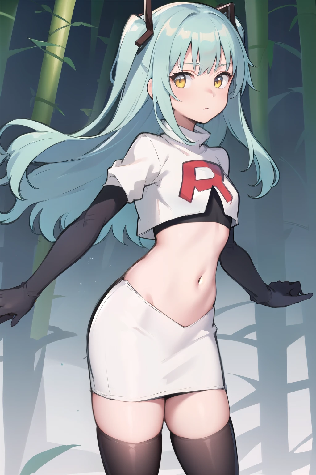 best quality, (masterpiece:1.2), illustration, absurdres,
(1girl, solo), (beautiful detailed girl),
Tio Plato, yellow eyes, aqua hair, long hair, two side up, small breasts,
fake animal ears,
team rocket,team rocket uniform,white skirt,red letter R,crop top,black thigh-highs,black elbow gloves,
looking at viewer,
in bamboo forest, stream,,
cowboy shot,