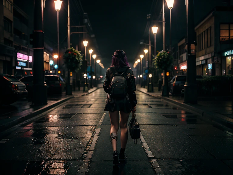 A sad girl dressed in cyberpunk style, with a backpack, a gloomy and sad city around, a downpour, thickets of roses, roses wrap around lampposts, hang from windows, make their way through asphalt, hi-tech, cyberpunk