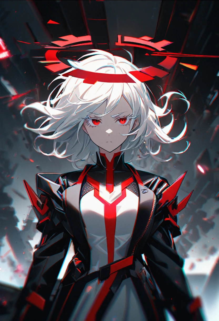 1girl, white hair, wild hair, red eyes, (white eyelashes:1.2), emotionless, red glow halo, mature, black coat, short hair, (chromatic aberration:1.2), reality break, destruction city, solo, (evil godness:1.2), digital dissolve, dynamic pose