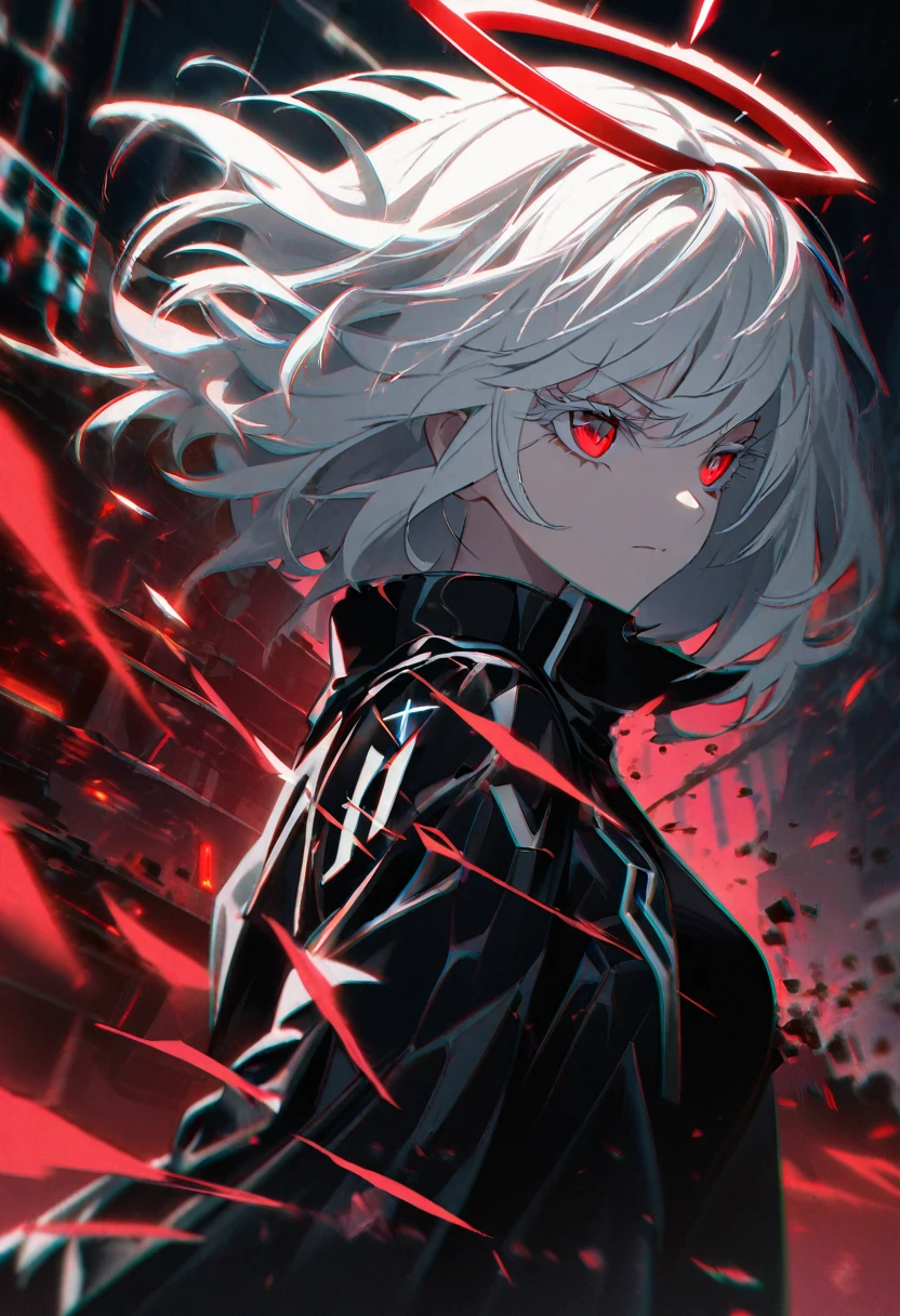 1girl, white hair, wild hair, red eyes, (white eyelashes:1.2), emotionless, red glow halo, mature, black coat, short hair, (chromatic aberration:1.2), reality break, destruction city, solo, (evil godness:1.2), digital dissolve, dynamic pose