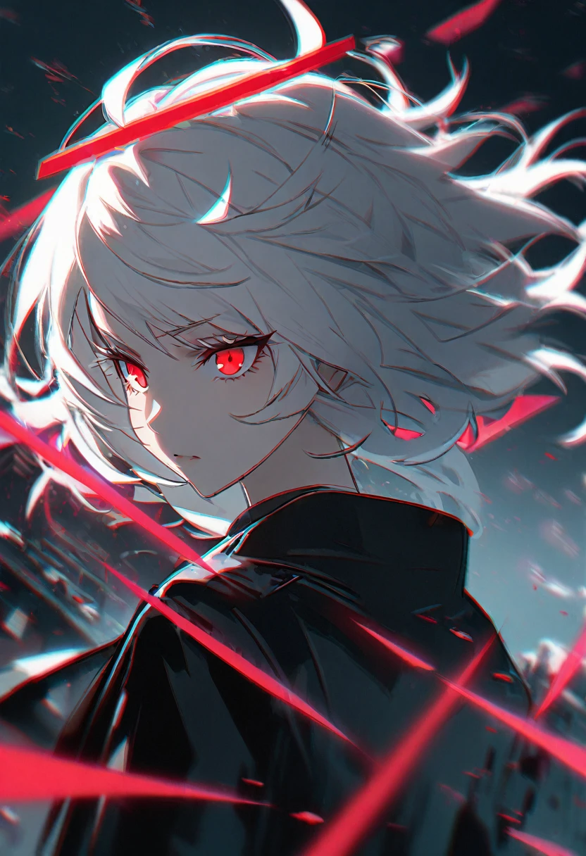 1girl, white hair, wild hair, red eyes, (white eyelashes:1.2), emotionless, red glow halo, mature, black coat, short hair, (chromatic aberration:1.2), reality break, destruction city, solo, (evil godness:1.2), digital dissolve, dynamic pose