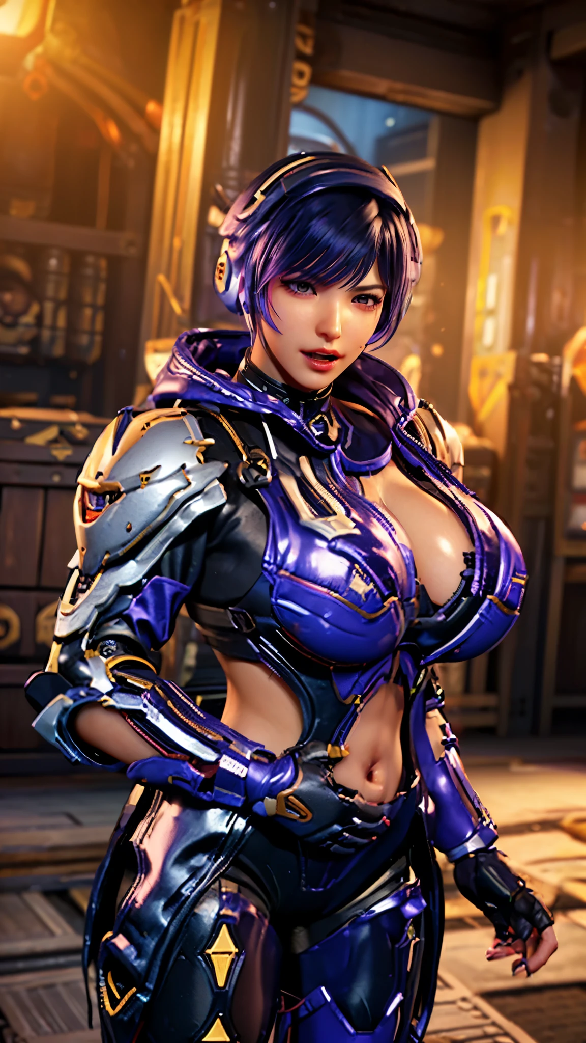 vonnyfelicia, CLOSE UP UPPER BODY, solo, COWBOY SHOT PORTRAIT, lightning auras tekken, ((HEADSET GAMING HEADPHONE, MULTIPLE COLOR SHORT HAIR:1.4)), (GIGANTIC ROUND BREASTS, K-CUP SIZE BREASTS, SQUEEZE CLEAVAGE TOP, 11 LINE ABS:1.5), (TIGHT purple FUTURISTIC HUMANOID MECHA OVERWATCH ARMOR:1.5), (MUSCULAR BODY SHAPE:1.5), (CLEAN GLOSSY BODYSKIN:1.5), (LOOKING AT VIEWER:1.6), (BACKGROUND FUTURISTIC SPACE STATION:1), (Photorealsitic:1.5), (Ultra-detail), (TOP-QUALITY), (BEST SHADOWS), BRIGHT LIGHT IN ROOM, HYPER TEXTURE, (4X MSAA), ((UNREAL ENGINE 5 RENDER)), (NEON), PHYSICALLY-BASED RENDERING, ULTRA HIGHT DEFINITION, 16K, 1080P.