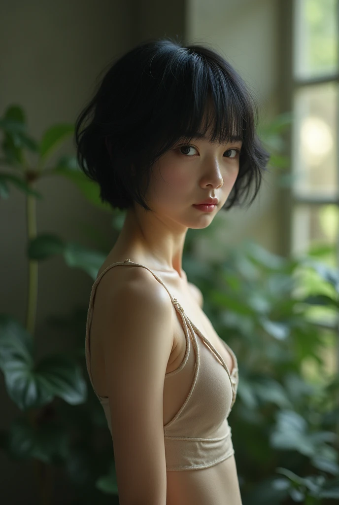 Beautiful、 He looks 14 years old (short hair), Height about 140cm,  flat chest like a child, slim bodysuit, The wall is a concrete wall., black fur, eyeball, Surrealism, blurred, cinema lighting, bokeh, Very detailed, anatomically correct, necessary, awarded, 16k, The clothes are transparent., short torso, anatomically correct body balance, a bitふっくらとした体型, Suave, artwork, erect nipples covered、Looks like a primary or secondary school student.、year: 20、Model wearing a leotard、baby face、delgado, Slim body and large breasts.、a bit、、12 year old physicist、20 year old woman、surrounded by plants、garden、Refreshing light、make an ahegao face、Naked Pussy、vaginal stimulation、climax、choker、Slavery、between the legs、outdoor training
