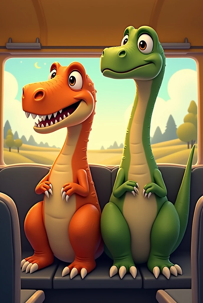 Animated drawing of an orange Velociraptor and a green Brachiosaurus on the school bus in the afternoon