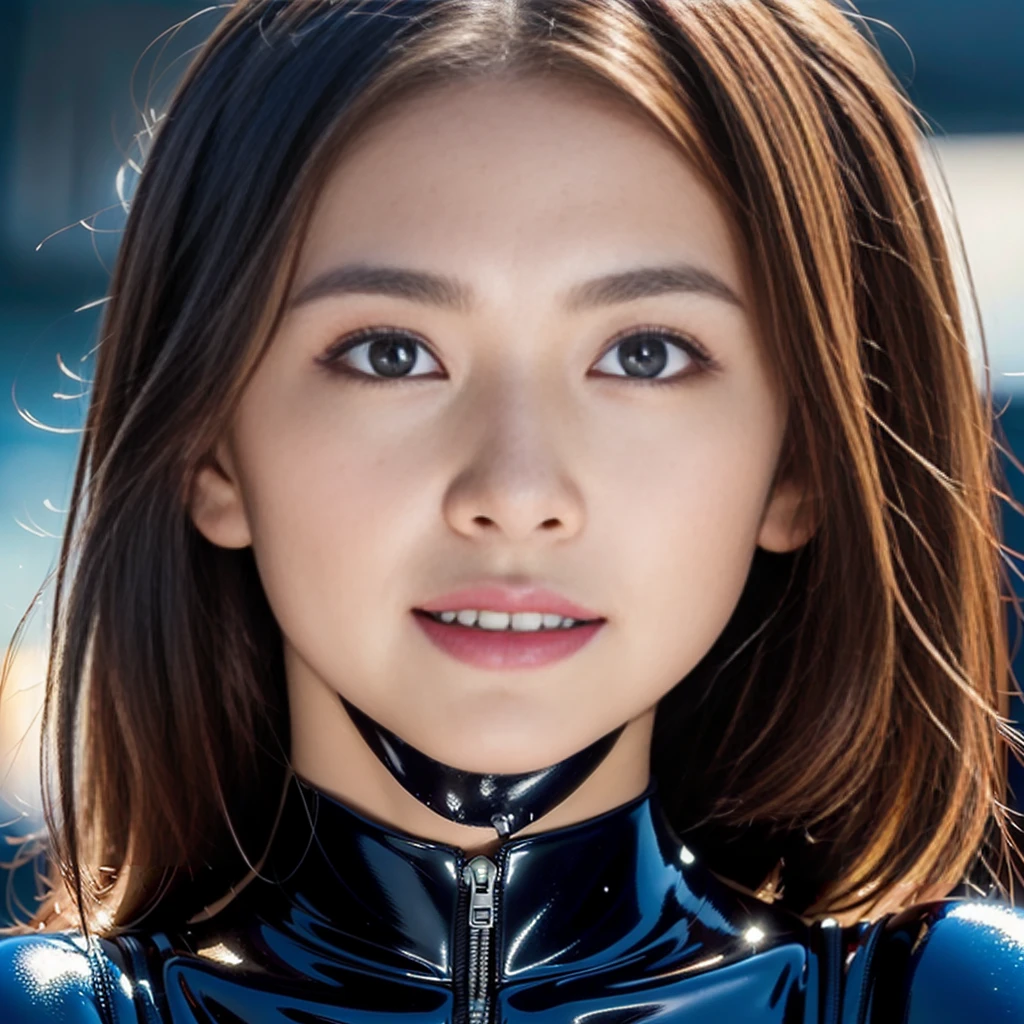 (((32K,very high res, high detailing, highly accurate,Masterpiece Girl 1))),Raw photo & realistic atmosphere,beautiful dark blue eyes,Detailed mouth,Glossy lips,Detailed eyebrows,Soft white skin that shines with every detail,,Eyes drawn in detail、Very beautiful eyes with azure eyes,Detailed lips、Very beautiful face,Very well-formed face、Lifelike face,shiny beautiful lips,Beautiful eyebrows,Infinite reality,Best design, ((Latex Bodysuit Red))、smile、((One woman))