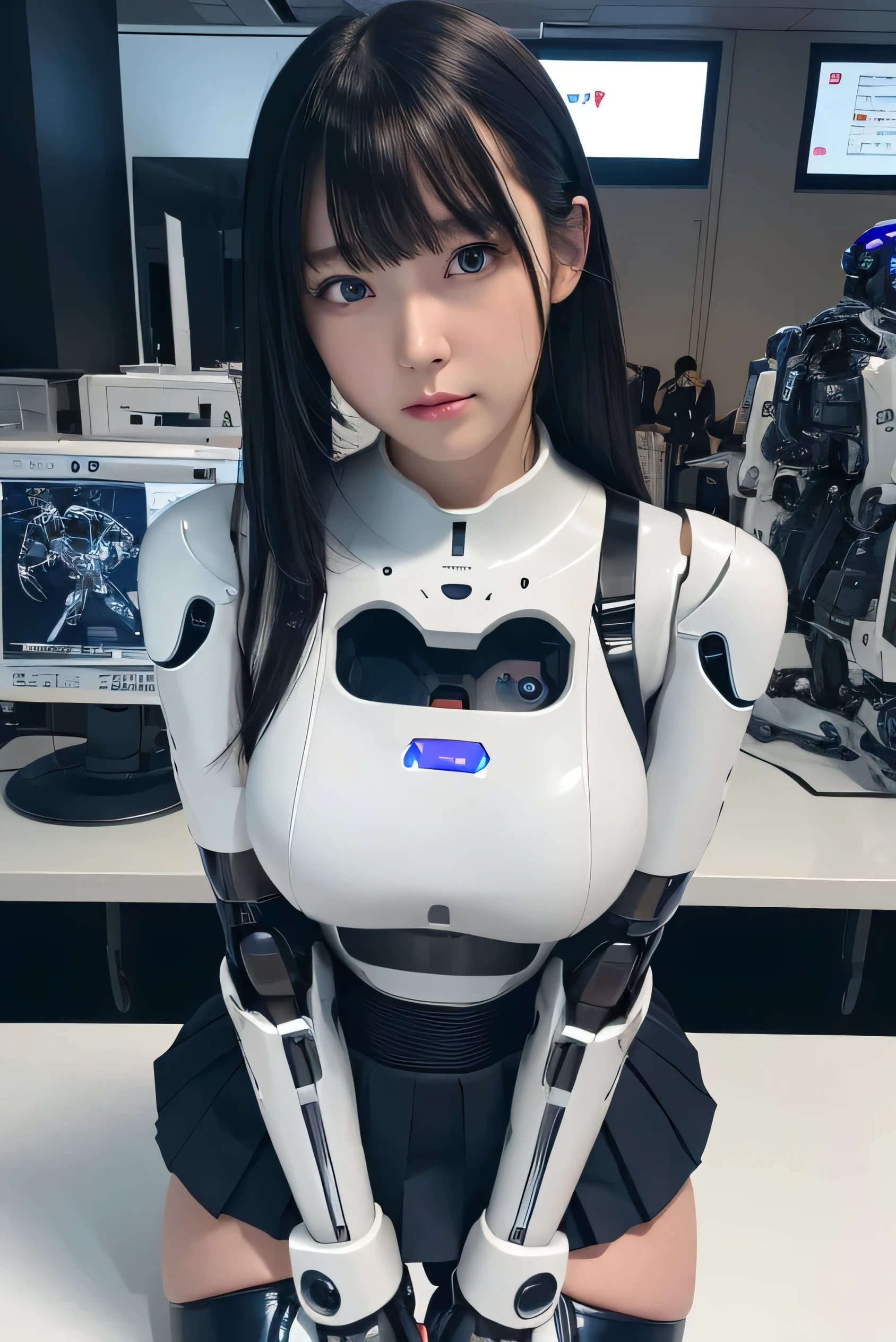 masterpiece, best quality, extremely detailed, Japaese Cyborg Girl,Plump ,navy pleated miniskirt,black tights,control panels,android,Droid,Mechanical Hand, ,clothes with a sense of mechanical technology, Robot arms and legs, Black Robot Parts,Black hair,Mechanical body,Blunt bangs,White abdomen,White robotics parts,tube dress,perfect robot woman,future laboratory,cyber pank,charging spot,android factory,robot factory,cyborg factory,long tube,thick cable connecting her neck,ceramic body ,blue eyes,smechanical body, android,robot humanoid,