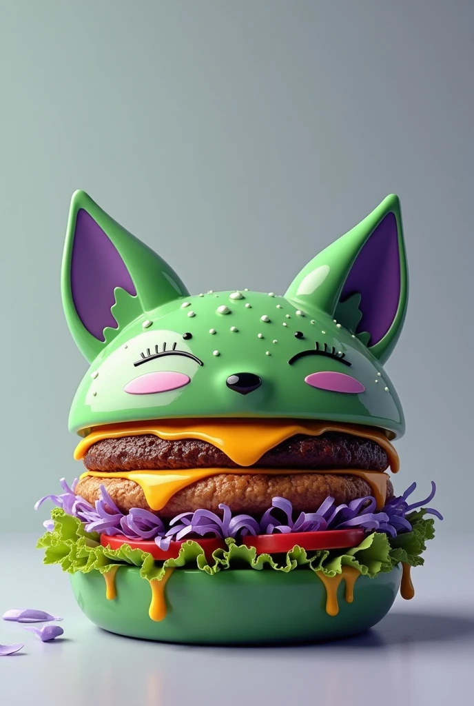   Realistic burger in green and lilac color on the bun and in some details and with the fox theme Add cheese and sauce, leave the meat in a juicy appearance
