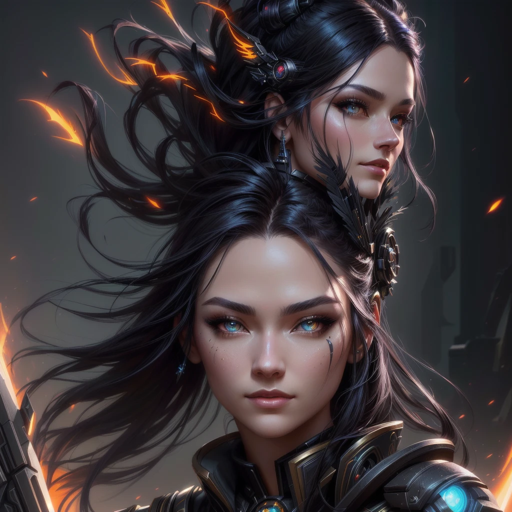 raven style hairs, Mechanical raven head with hairs, sci-fi, a close up of a woman - sci-FI queen of the raven with a sci fiorer on her face, Mechanical raven IN HAIRS, fiol glowing eyes, hd , cinematic, cinematic light, dinamic, rossdraws portrait, fantasy concept art portrait, wojtek fus, rossdraws 2. 0, rossdraws 1. 0, rossdraws digital painting, epic fantasy digital art style, cgsociety portrait, rossdraws global illumination, :: rossdraws, alexandra fomina artstation